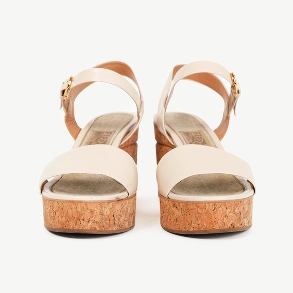 Salvatore Ferragamo Madea Cream Leather & Cork Wedge Sandals - Picture 2 of 10